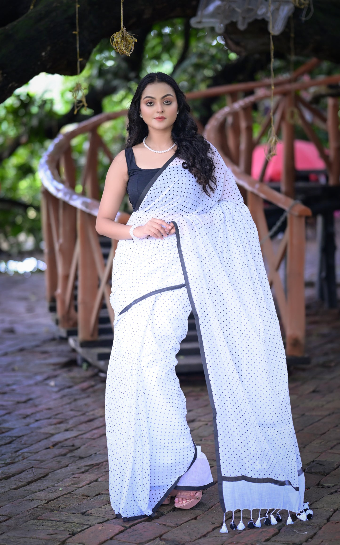 Elegant White Mull Cotton Saree with Black Polka Dots & Tassel Border (Blouse Not Included)
