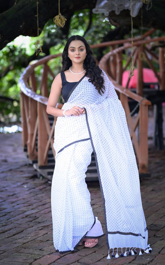 Elegant White Mull Cotton Saree with Black Polka Dots & Tassel Border (Blouse Not Included)