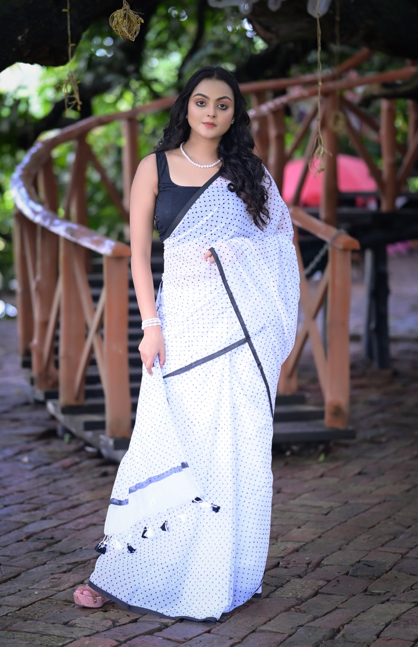 Elegant White Mull Cotton Saree with Black Polka Dots & Tassel Border (Blouse Not Included)