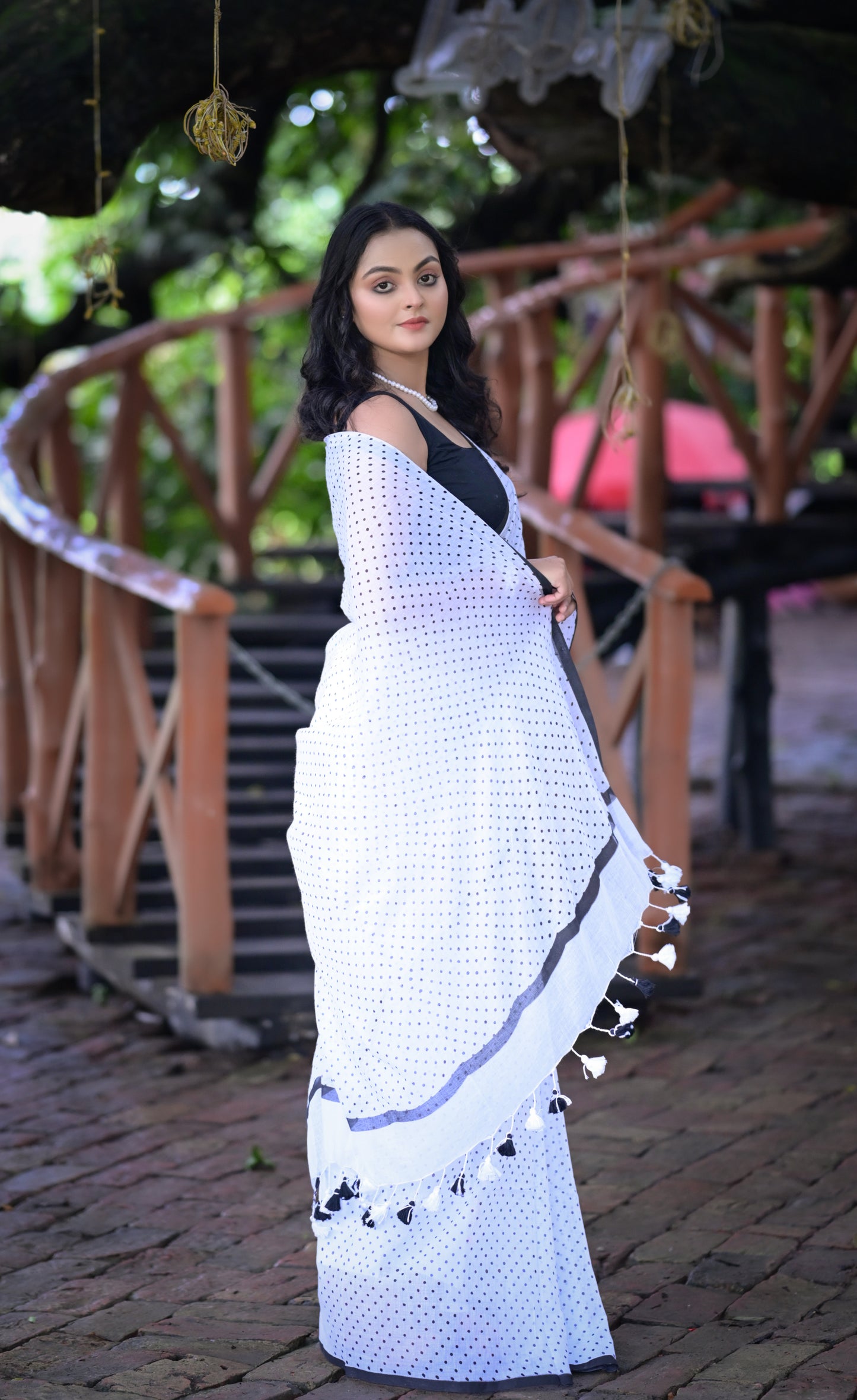 Elegant White Mull Cotton Saree with Black Polka Dots & Tassel Border (Blouse Not Included)