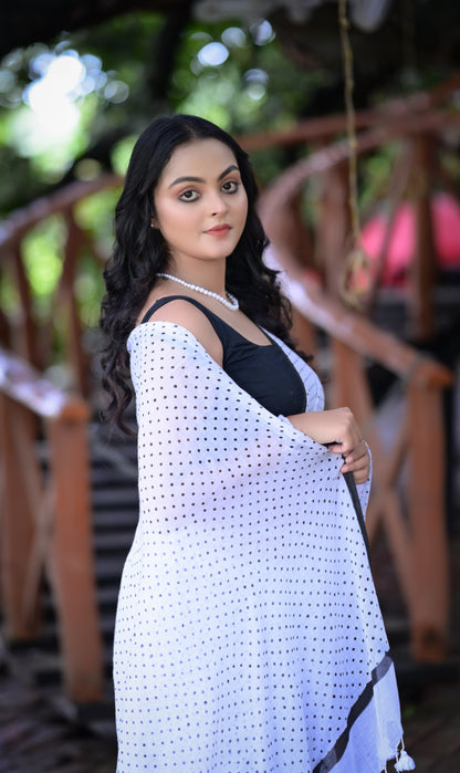 Elegant White Mull Cotton Saree with Black Polka Dots & Tassel Border (Blouse Not Included)