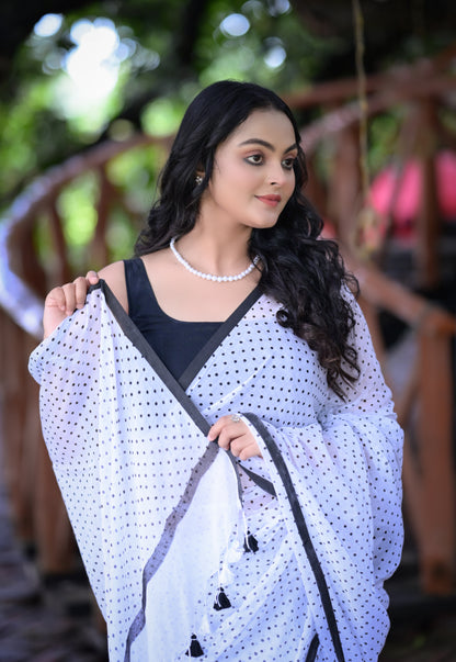 Elegant White Mull Cotton Saree with Black Polka Dots & Tassel Border (Blouse Not Included)