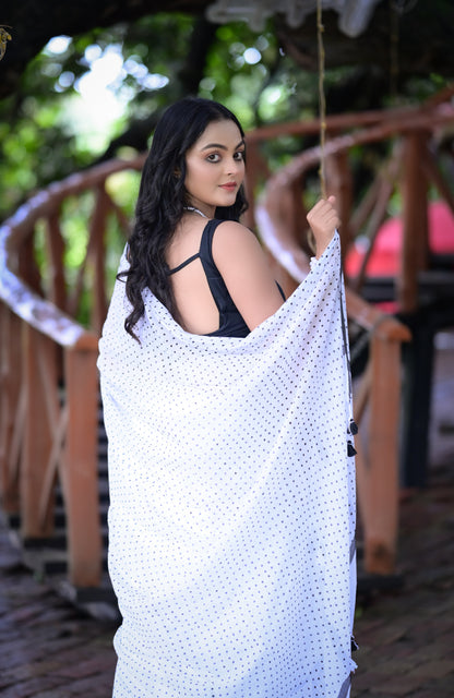 Elegant White Mull Cotton Saree with Black Polka Dots & Tassel Border (Blouse Not Included)