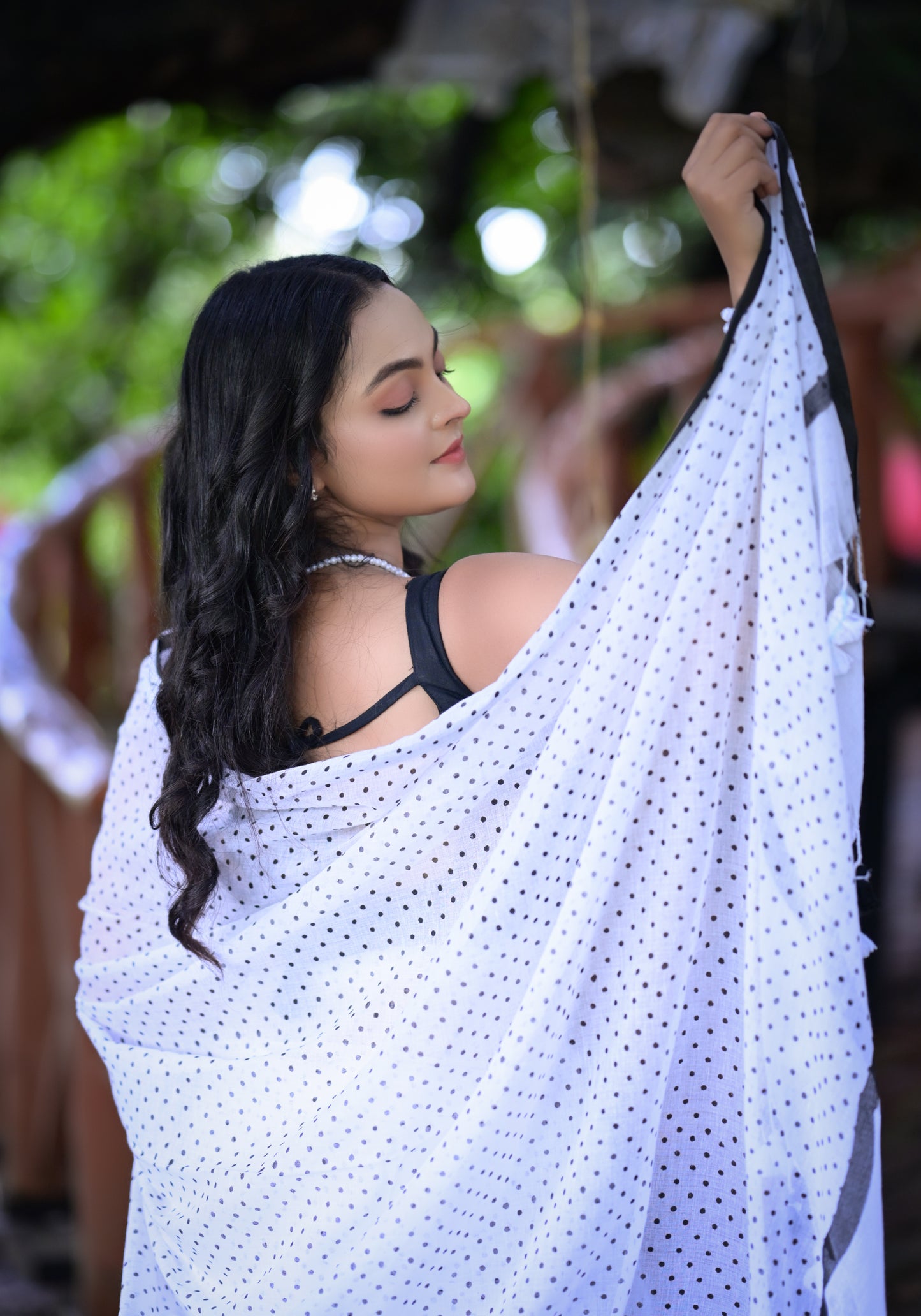 Elegant White Mull Cotton Saree with Black Polka Dots & Tassel Border (Blouse Not Included)