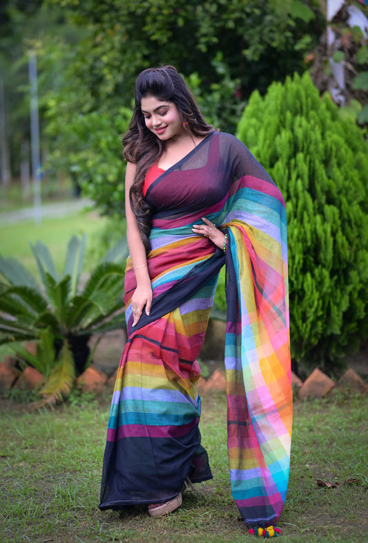 Vibrant Multicolor Striped Mull Cotton Saree with Tassel Detailing | Blouse Piece Not Included