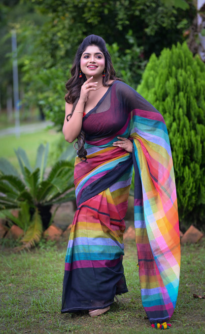 Vibrant Multicolor Striped Mull Cotton Saree with Tassel Detailing | Blouse Piece Not Included