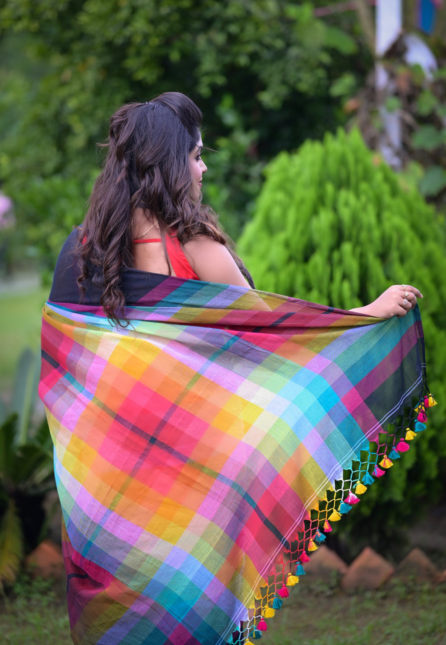 Vibrant Multicolor Striped Mull Cotton Saree with Tassel Detailing | Blouse Piece Not Included