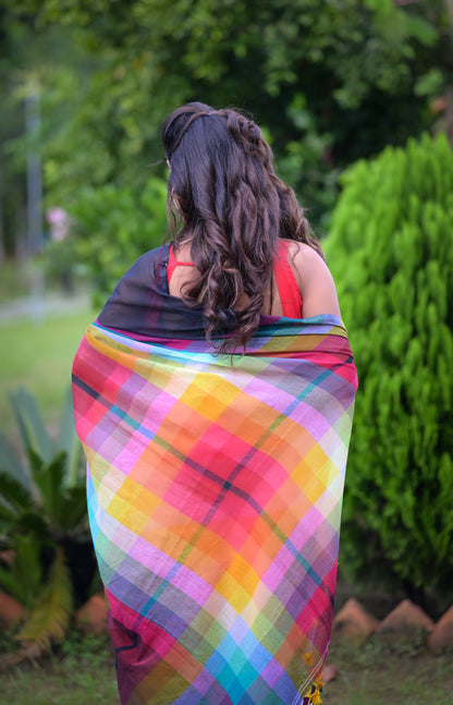 Vibrant Multicolor Striped Mull Cotton Saree with Tassel Detailing | Blouse Piece Not Included