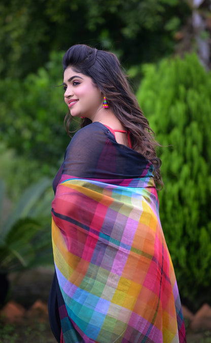 Vibrant Multicolor Striped Mull Cotton Saree with Tassel Detailing | Blouse Piece Not Included