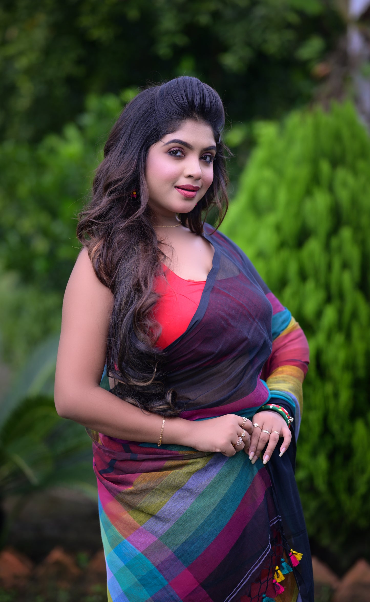 Vibrant Multicolor Striped Mull Cotton Saree with Tassel Detailing | Blouse Piece Not Included