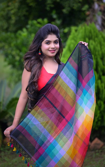 Vibrant Multicolor Striped Mull Cotton Saree with Tassel Detailing | Blouse Piece Not Included