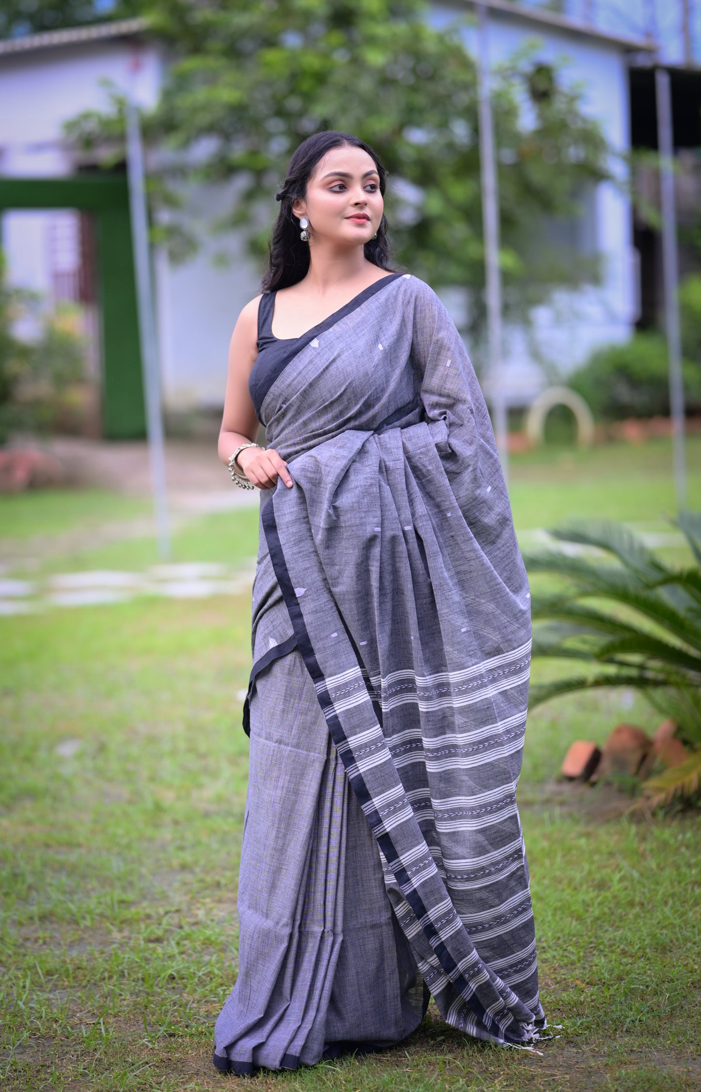 Elegant Grey Cotton Saree with Black Border & Blouse Piece – Traditional Daily Wear