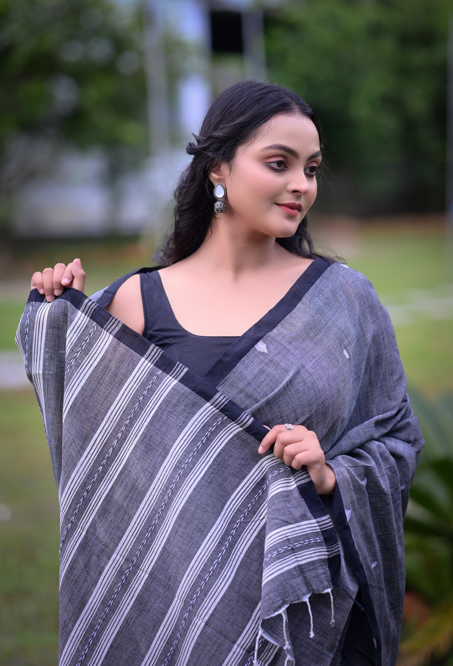 Elegant Grey Cotton Saree with Black Border & Blouse Piece – Traditional Daily Wear