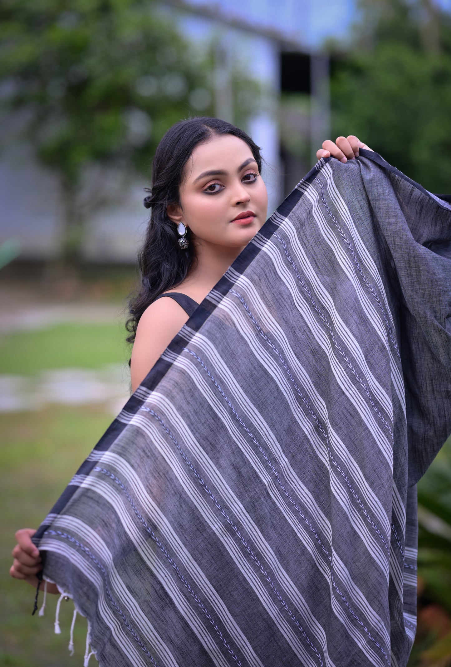 Elegant Grey Cotton Saree with Black Border & Blouse Piece – Traditional Daily Wear