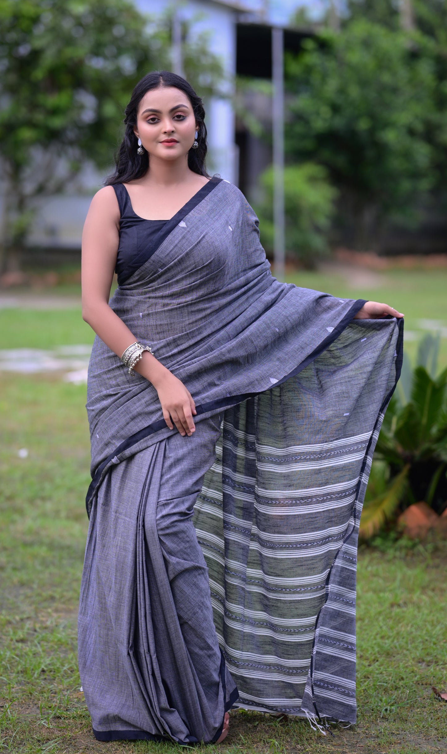Elegant Grey Cotton Saree with Black Border & Blouse Piece – Traditional Daily Wear