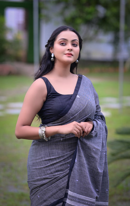Elegant Grey Cotton Saree with Black Border & Blouse Piece – Traditional Daily Wear
