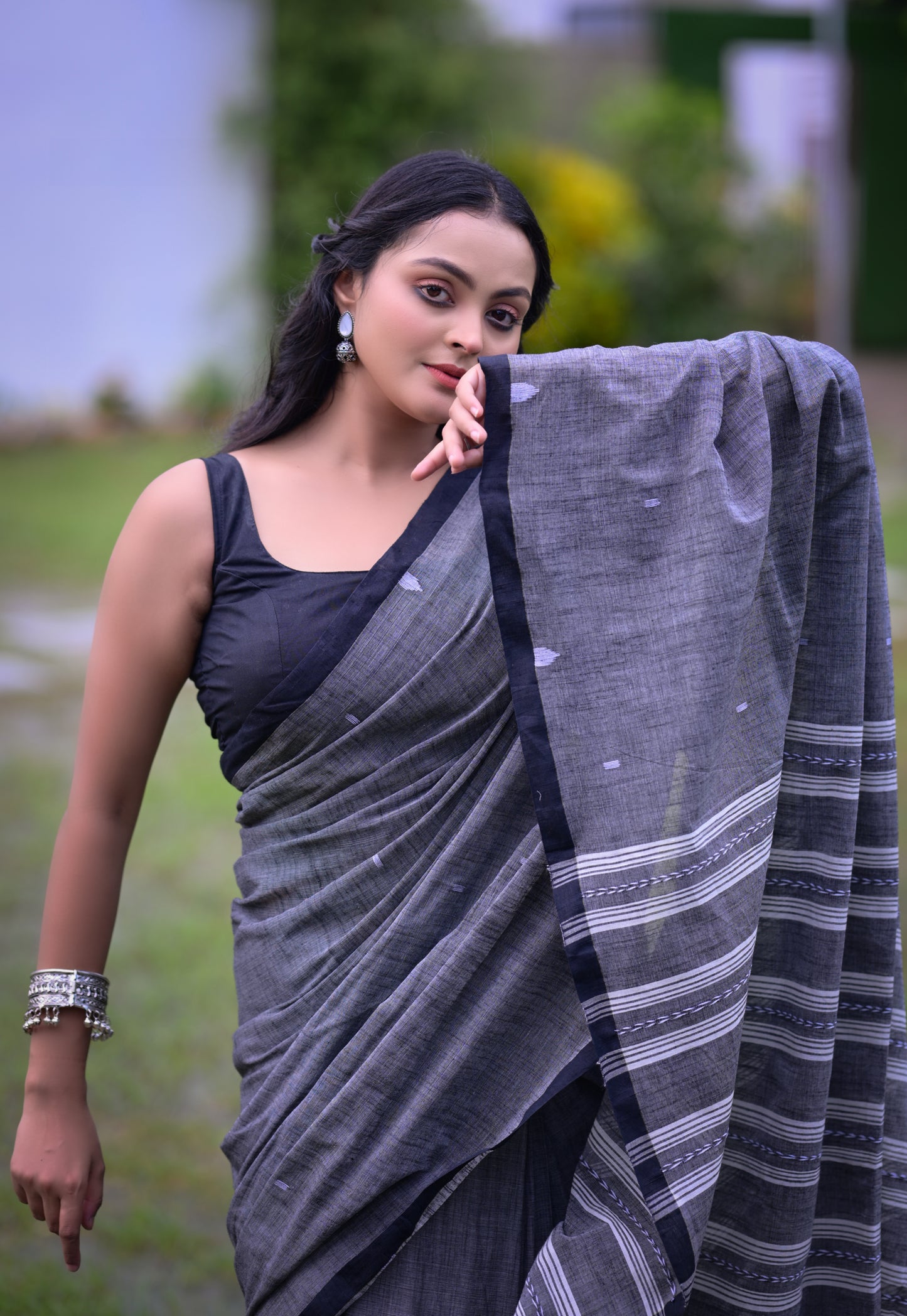 Elegant Grey Cotton Saree with Black Border & Blouse Piece – Traditional Daily Wear