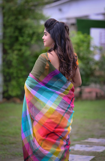 Elegant Multicolor Checkered Mull Cotton Saree – Blouse Not Included