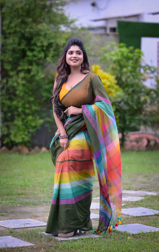 Elegant Multicolor Checkered Mull Cotton Saree – Blouse Not Included