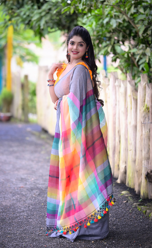 Rainbow Striped Mull Cotton Saree with Tassel Border