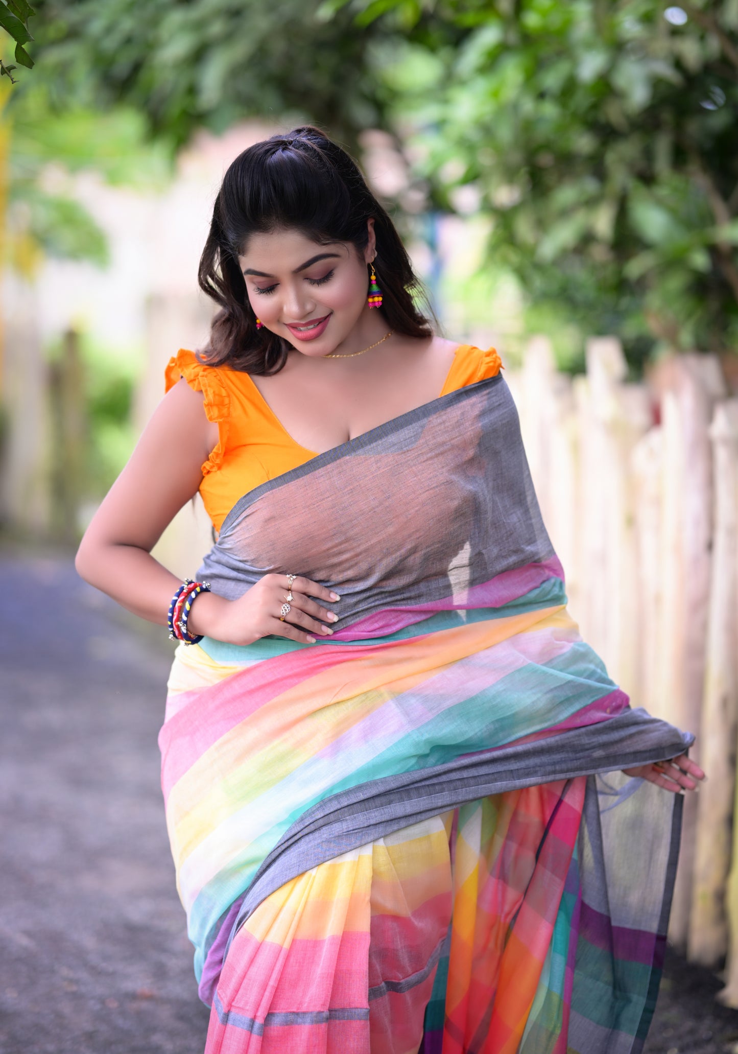 Rainbow Striped Mull Cotton Saree with Tassel Border