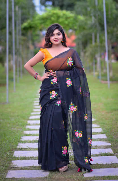Black Floral Embroidered Mull Cotton Saree (Blouse Not Included)