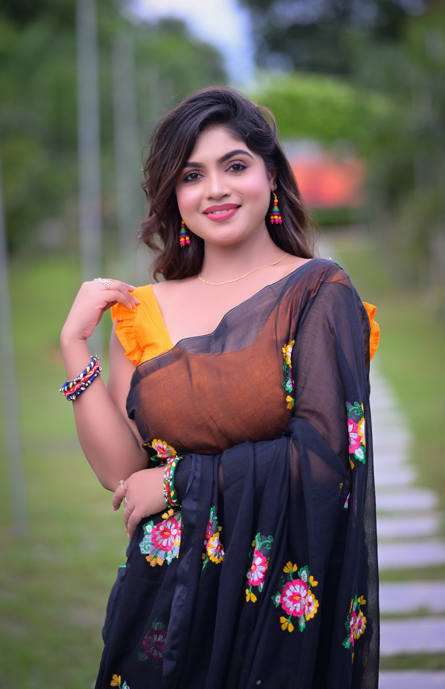 Black Floral Embroidered Mull Cotton Saree (Blouse Not Included)