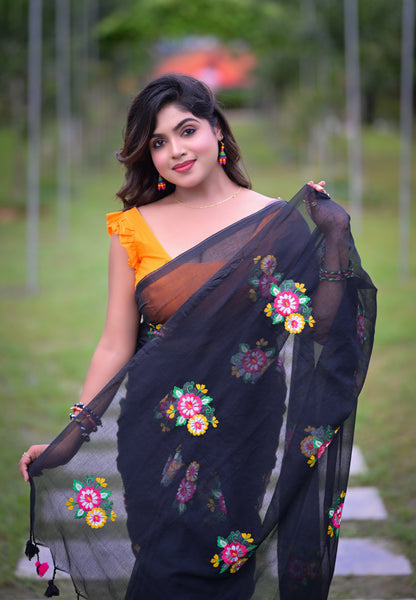 Black Floral Embroidered Mull Cotton Saree (Blouse Not Included)