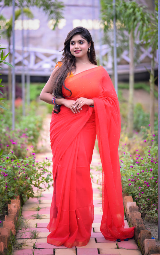 Classic Red Mull Cotton Saree with Blouse