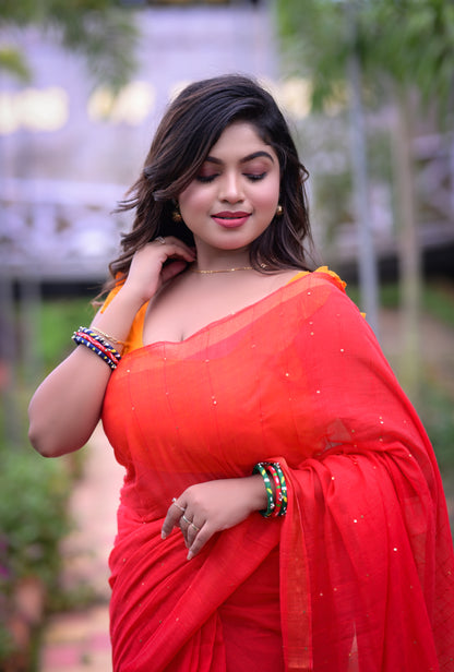 Classic Red Mull Cotton Saree with Blouse