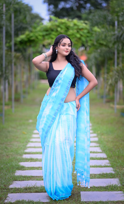 Sky Blue Tie-Dye Mull Cotton Saree with Matching Blouse