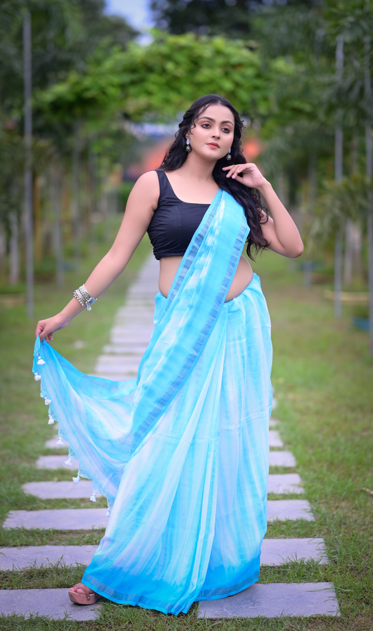 Sky Blue Tie-Dye Mull Cotton Saree with Matching Blouse