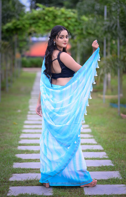 Sky Blue Tie-Dye Mull Cotton Saree with Matching Blouse