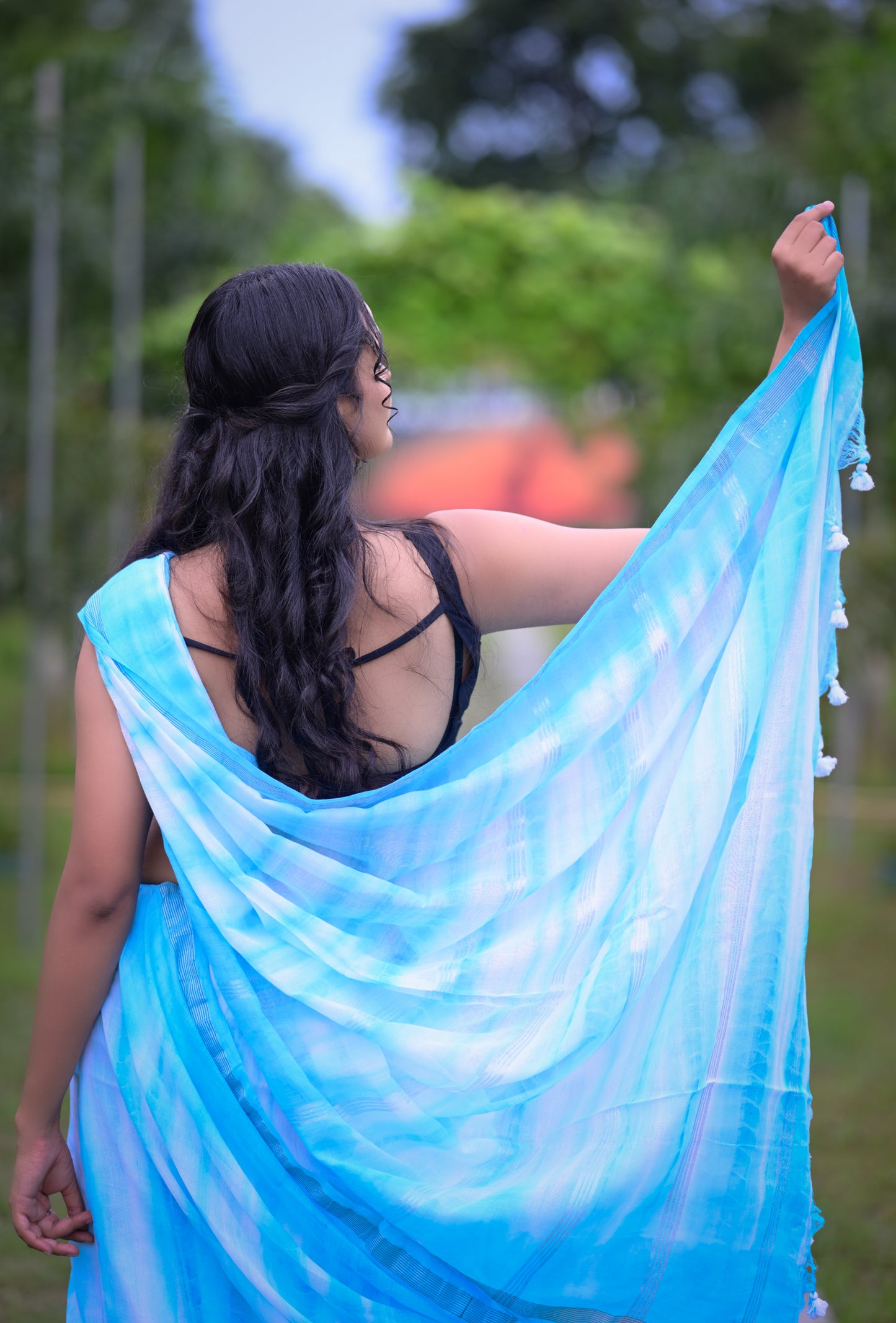 Sky Blue Tie-Dye Mull Cotton Saree with Matching Blouse