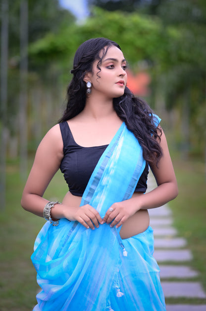 Sky Blue Tie-Dye Mull Cotton Saree with Matching Blouse
