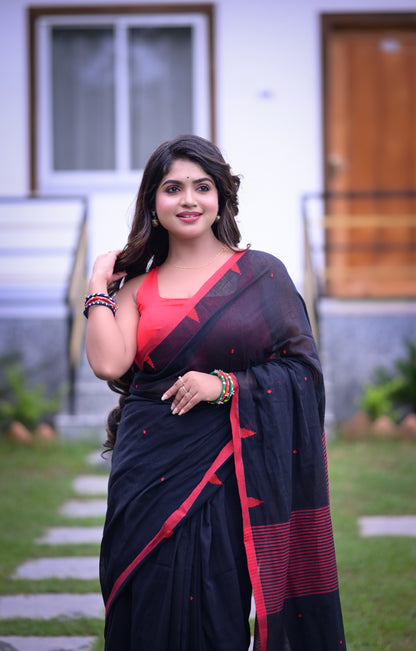Elegant Black Cotton Saree with Red Detailing and Matching Blouse Piece