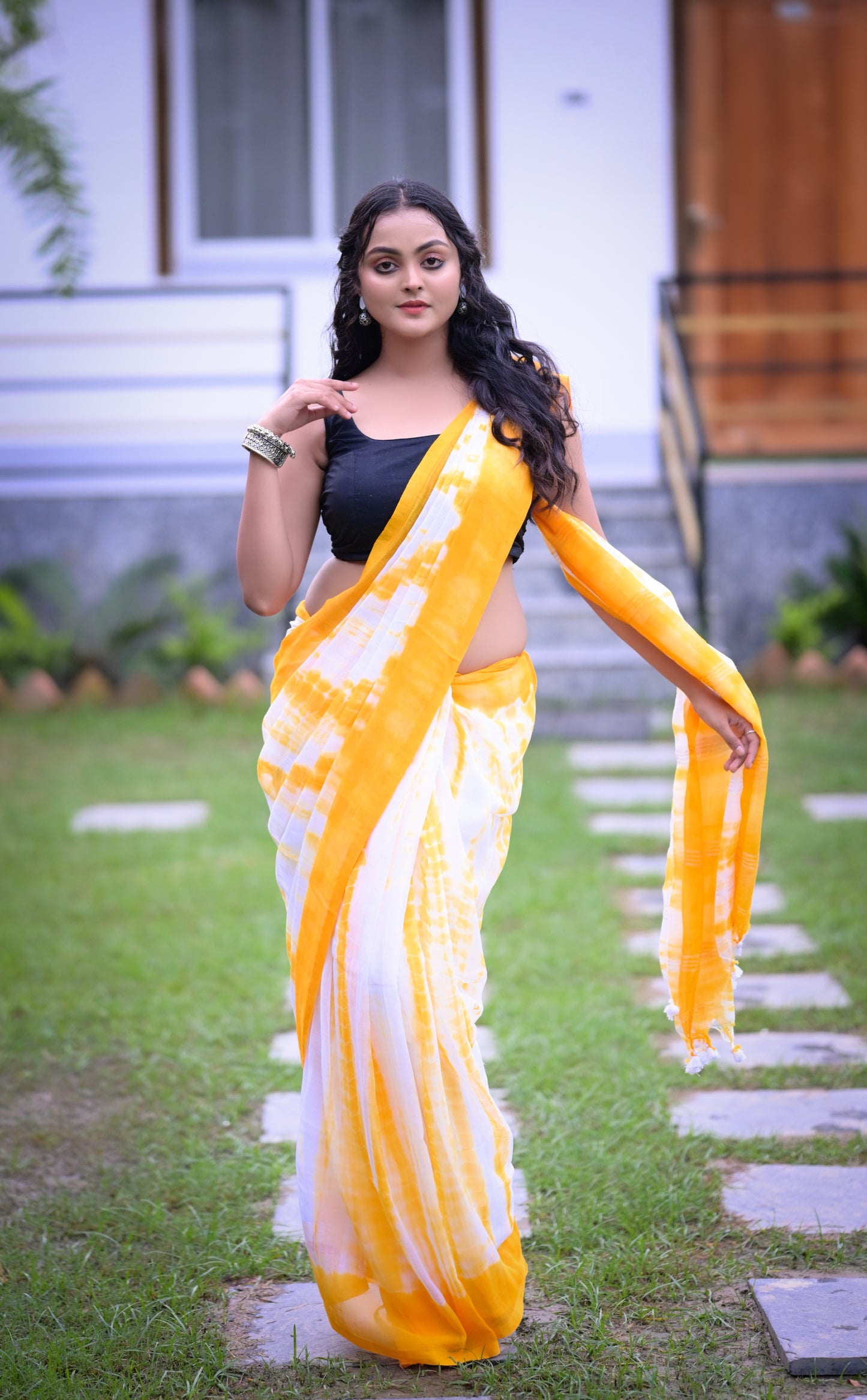 Sunshine Yellow & White Tie-Dye Mull Cotton Saree with Blouse