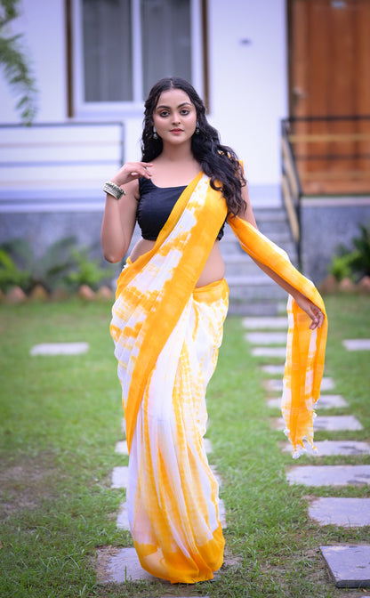 Sunshine Yellow & White Tie-Dye Mull Cotton Saree with Blouse