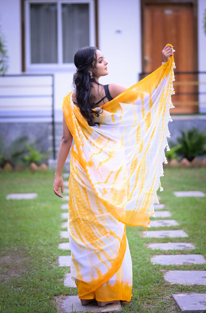 Sunshine Yellow & White Tie-Dye Mull Cotton Saree with Blouse