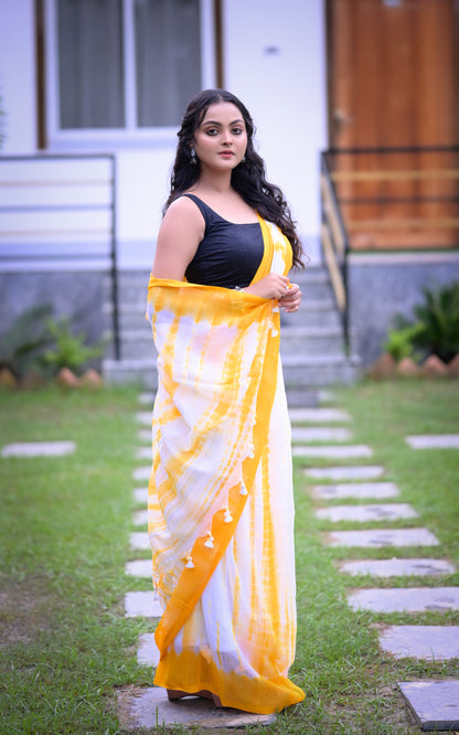 Sunshine Yellow & White Tie-Dye Mull Cotton Saree with Blouse