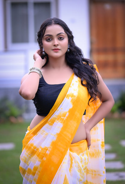 Sunshine Yellow & White Tie-Dye Mull Cotton Saree with Blouse