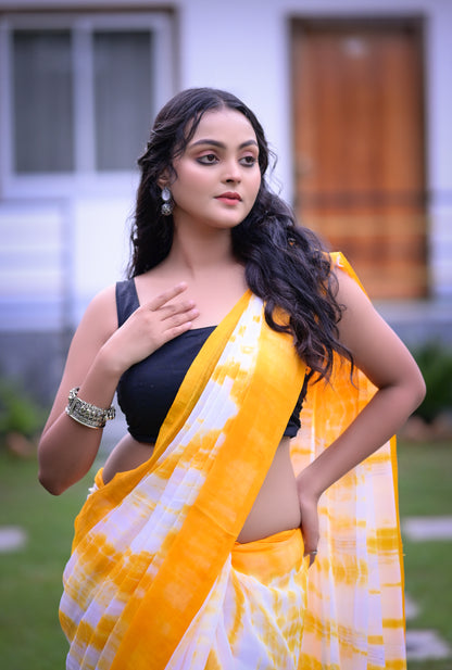 Sunshine Yellow & White Tie-Dye Mull Cotton Saree with Blouse