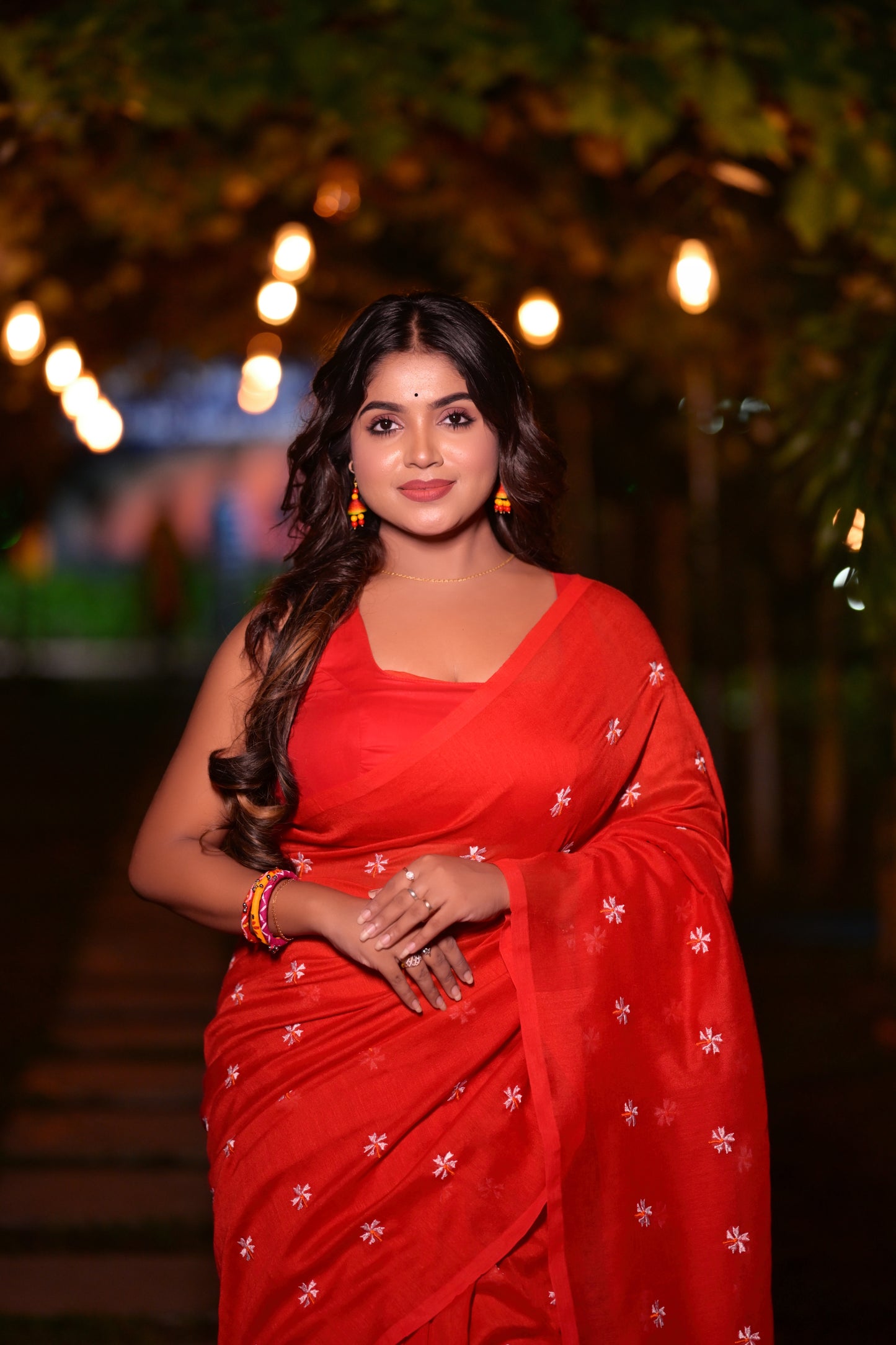 Beautiful Red Khadi Cotton Saree with White Embroidery & Matching Blouse Piece