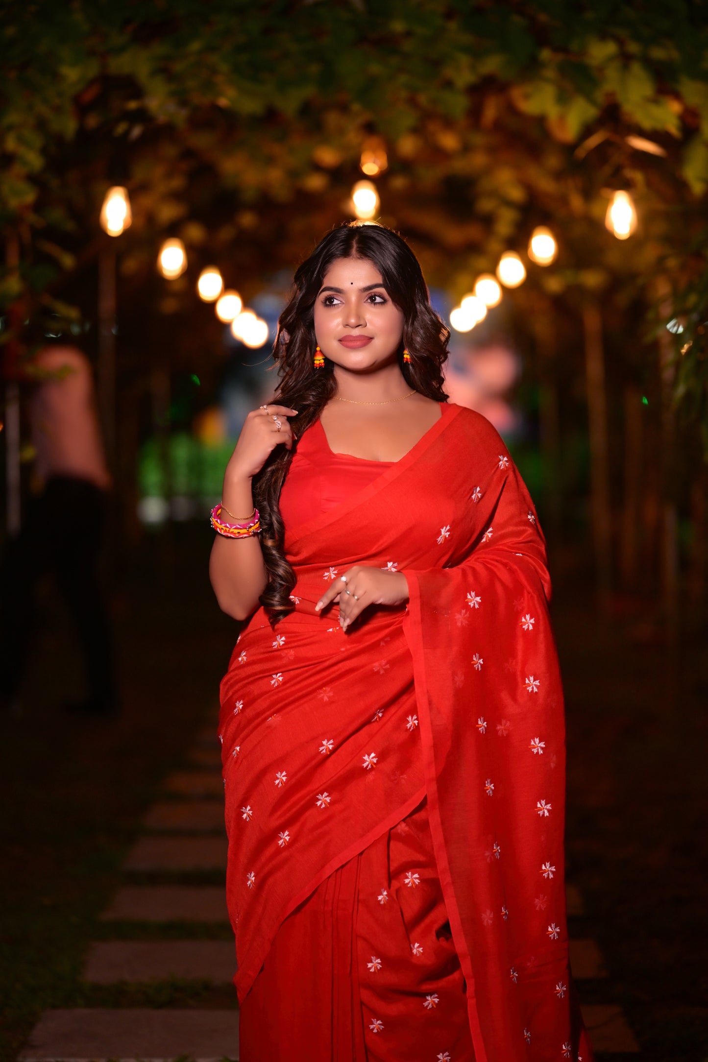 Beautiful Red Khadi Cotton Saree with White Embroidery & Matching Blouse Piece