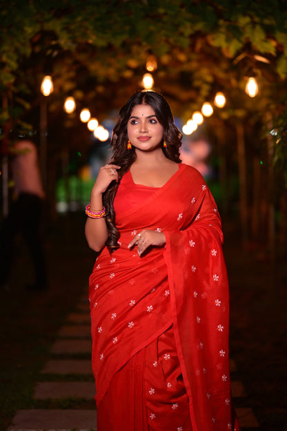 Beautiful Red Khadi Cotton Saree with White Embroidery & Matching Blouse Piece