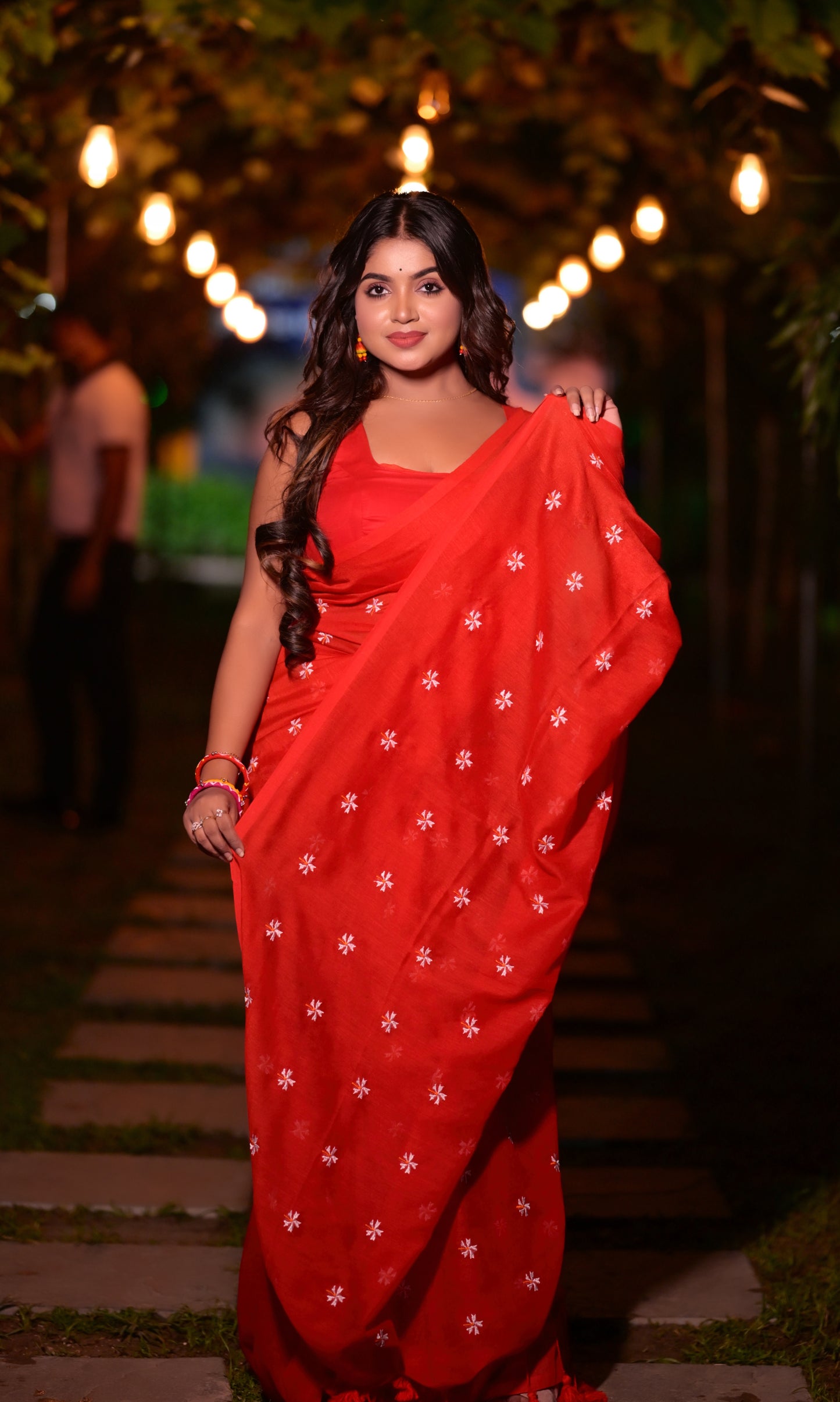 Beautiful Red Khadi Cotton Saree with White Embroidery & Matching Blouse Piece