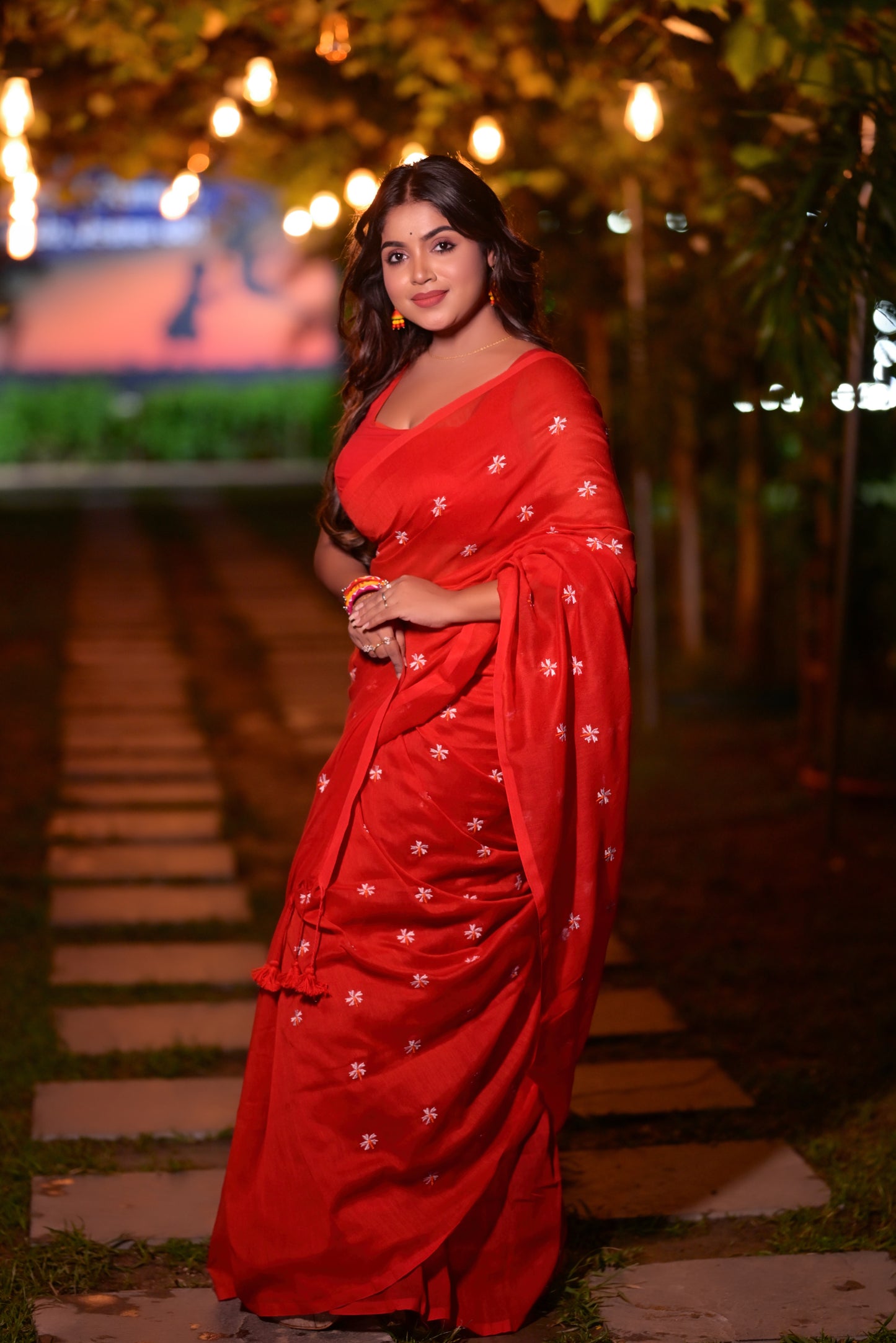 Beautiful Red Khadi Cotton Saree with White Embroidery & Matching Blouse Piece