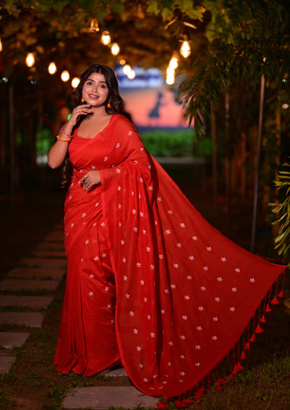 Beautiful Red Khadi Cotton Saree with White Embroidery & Matching Blouse Piece