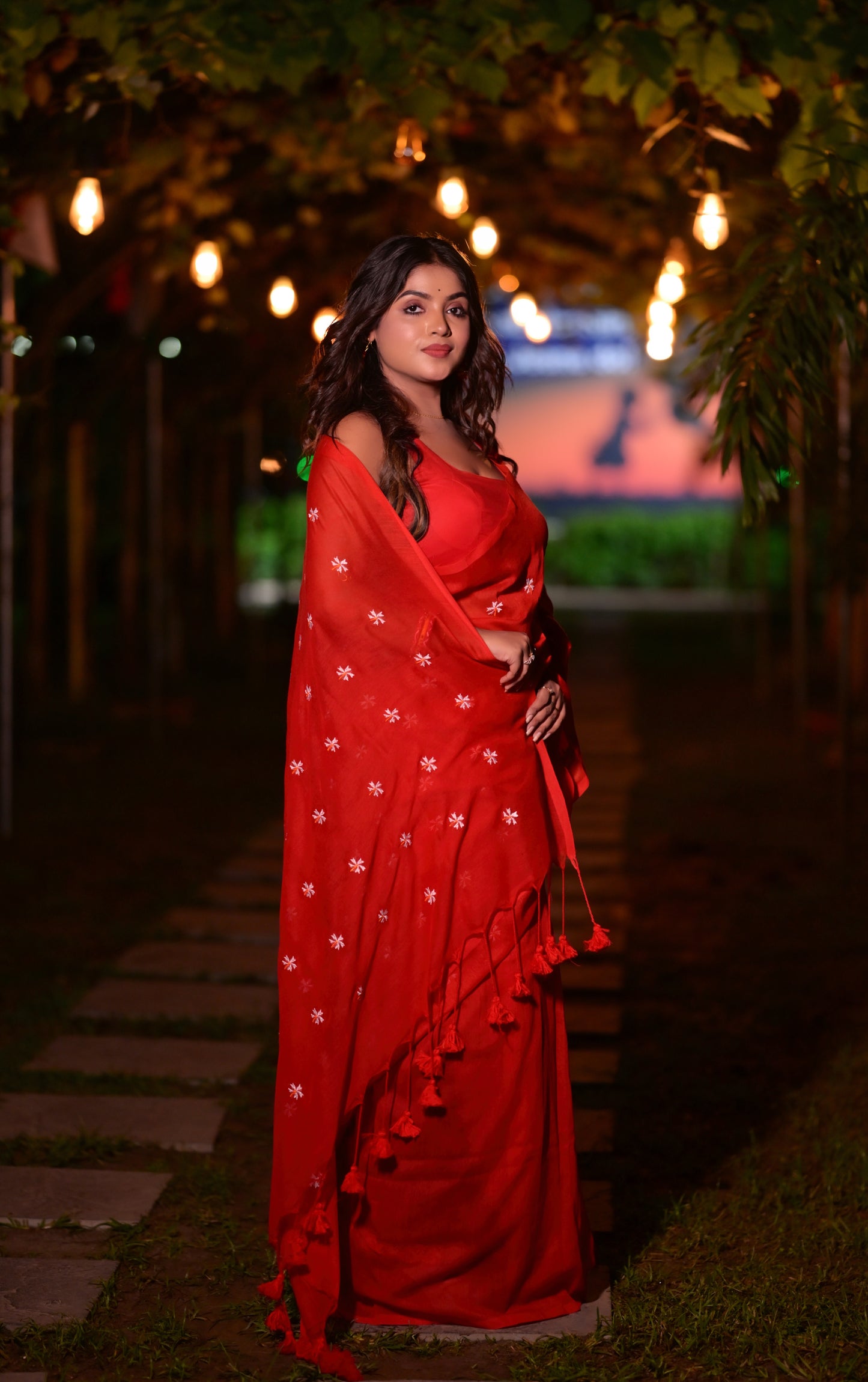 Beautiful Red Khadi Cotton Saree with White Embroidery & Matching Blouse Piece