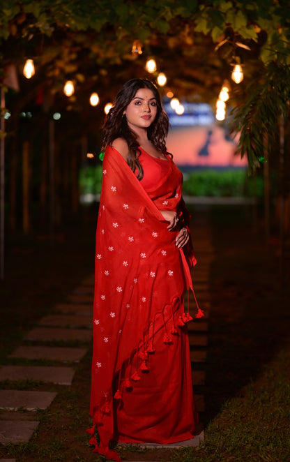 Beautiful Red Khadi Cotton Saree with White Embroidery & Matching Blouse Piece